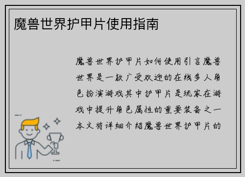 魔兽世界护甲片使用指南